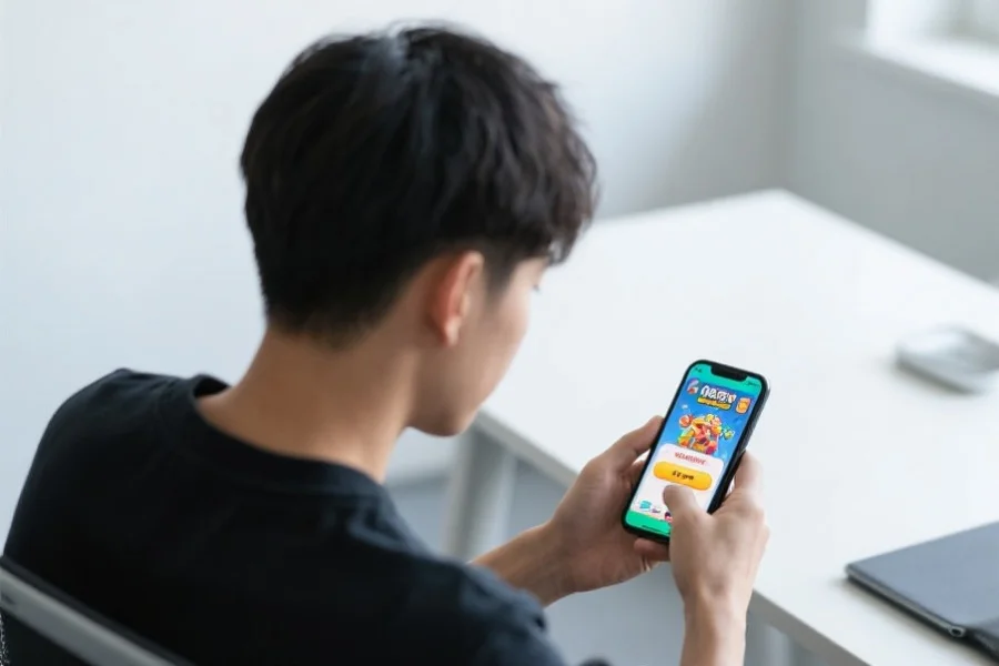 一位年轻人正在使用手机APP接收游戏开奖提醒，背景是简洁的办公桌